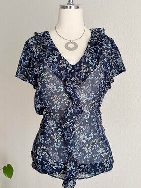 Liz Claiborne Navy Floral Ruffle V-Neck Blouse